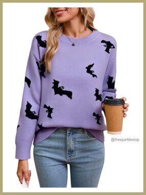 Cable Knit Halloween Ghost Bat Pullover Sweater Women